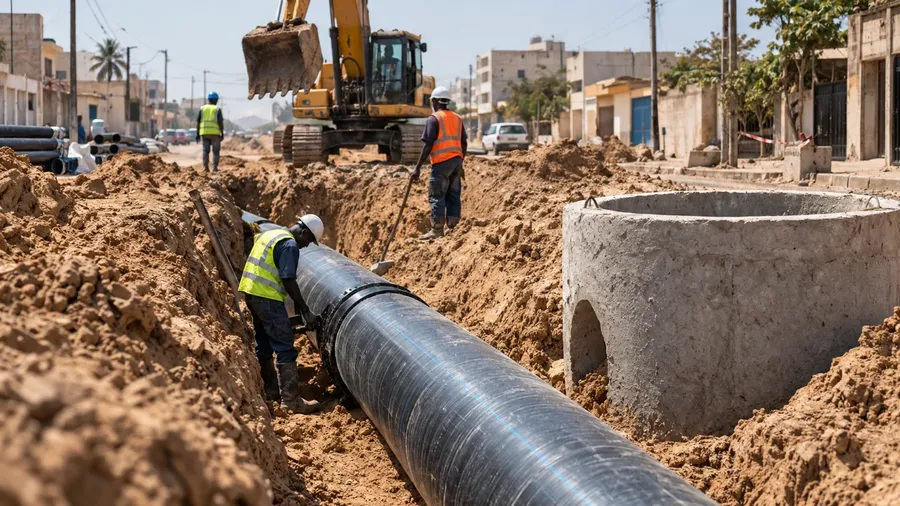 Pose de collecteurs d’assainissement dans une rue en travaux